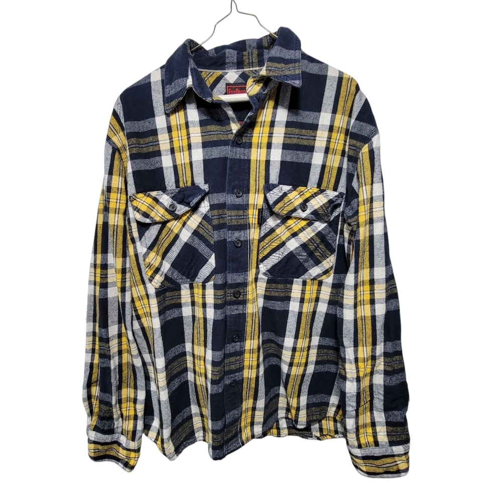 Five Brother Heavy Weight Deluxe Flannel Shirt Yellow Navy Plaid Size Large